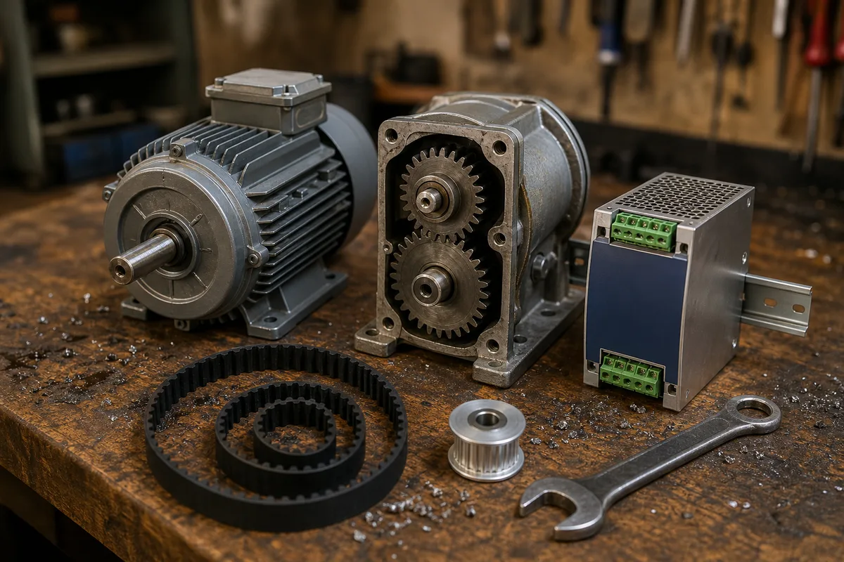 Établi d&rsquo;atelier avec un moteur électrique, un réducteur à engrenages et un bloc d&rsquo;alimentation posés côte à côte