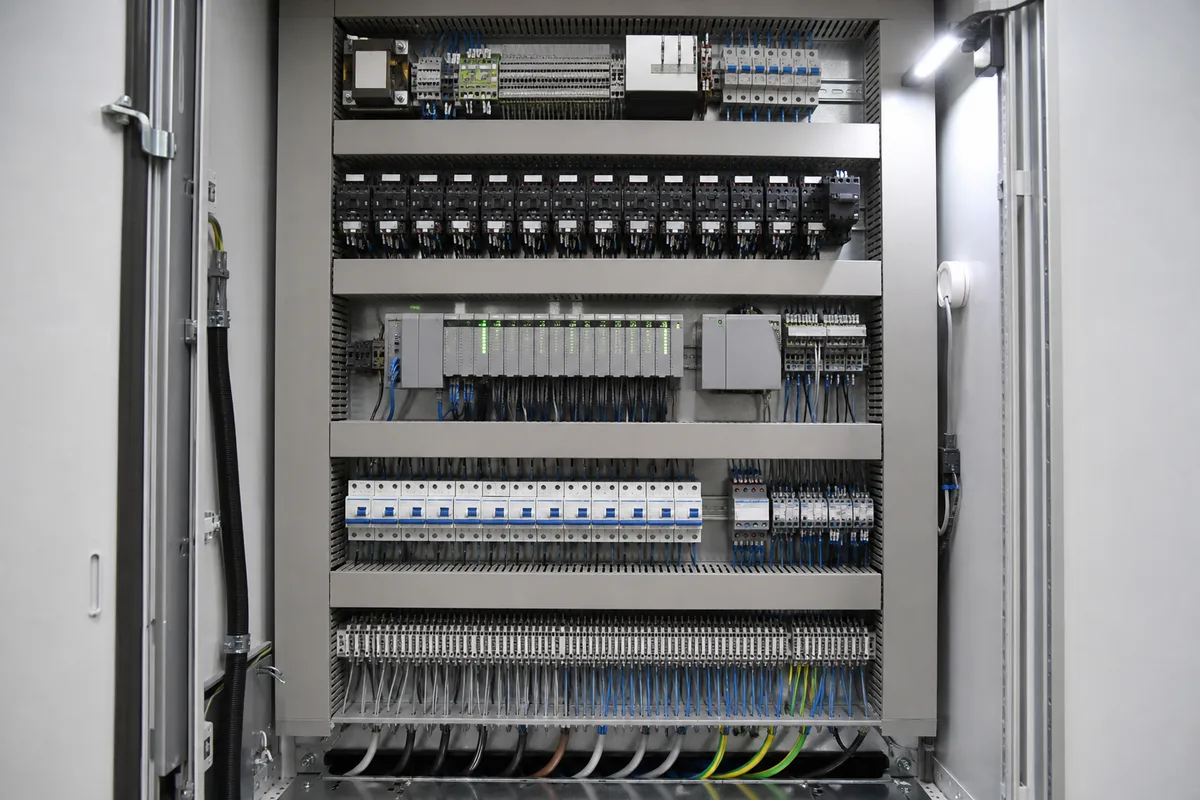 Armoire électrique ouverte laissant voir un automate, des contacteurs alignés et un faisceau de fils repérés