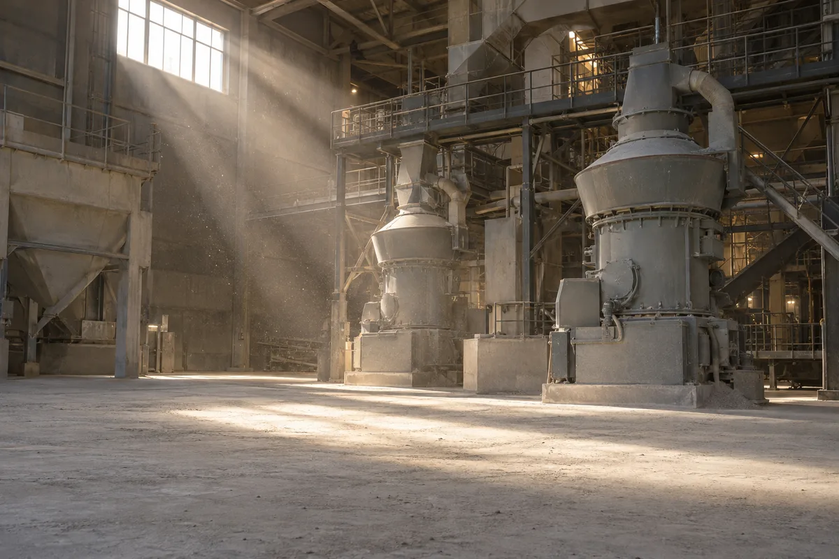 Local d&rsquo;usine poussiéreux traversé par un rayon de lumière oblique