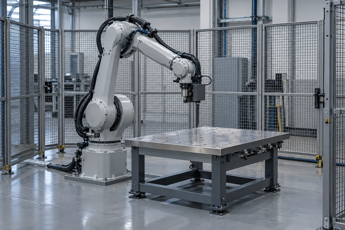 Bras de robot industriel à l&rsquo;arrêt dans une cellule grillagée, capteur compact au poignet