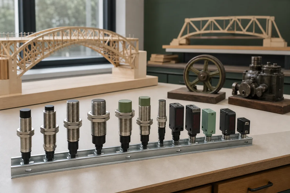 Rangée de détecteurs industriels cylindriques et rectangulaires alignés sur un rail