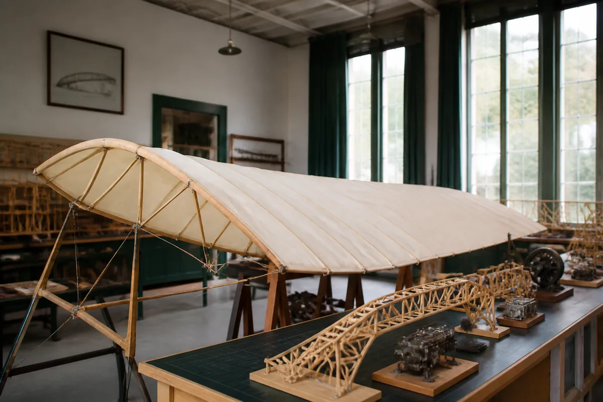 Aile d’aéroplane pionnier en toile tendue sur une structure de bois clair