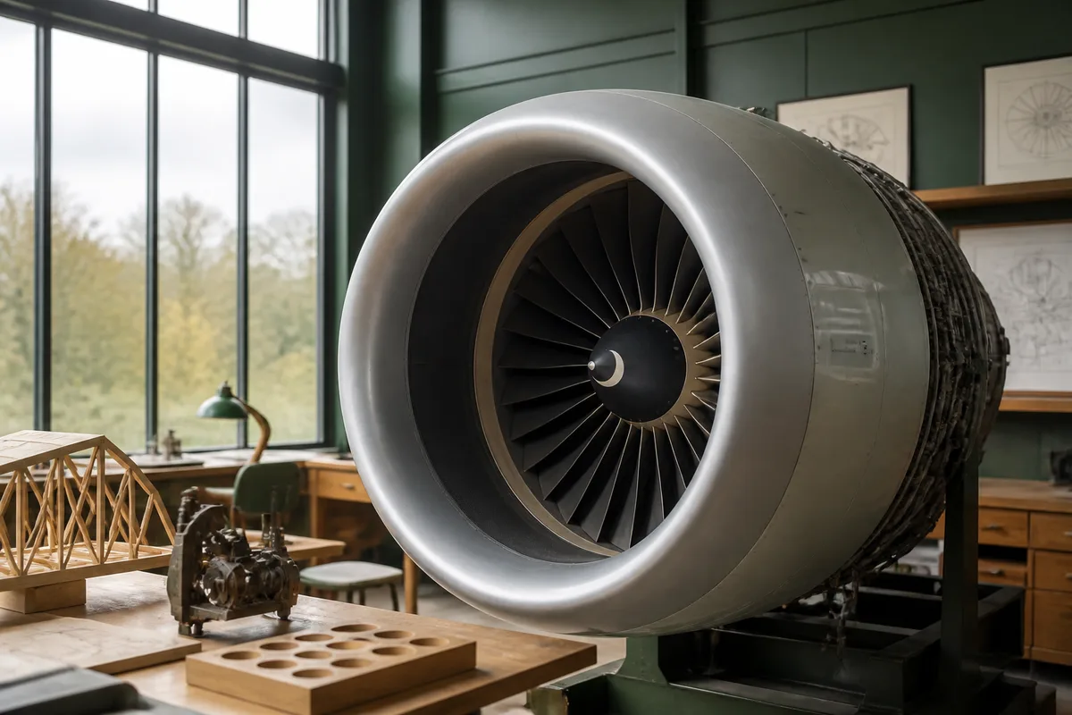 Entrée d’air circulaire d’un réacteur d’avion de ligne vue de trois quarts