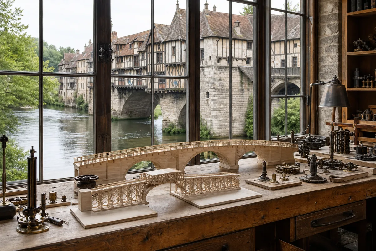 Pont de pierre médiéval bordé de maisons à colombages surplombant une rivière