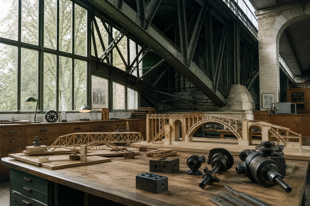 Structure métallique rivetée d&rsquo;un viaduc ferroviaire vue en contre-plongée