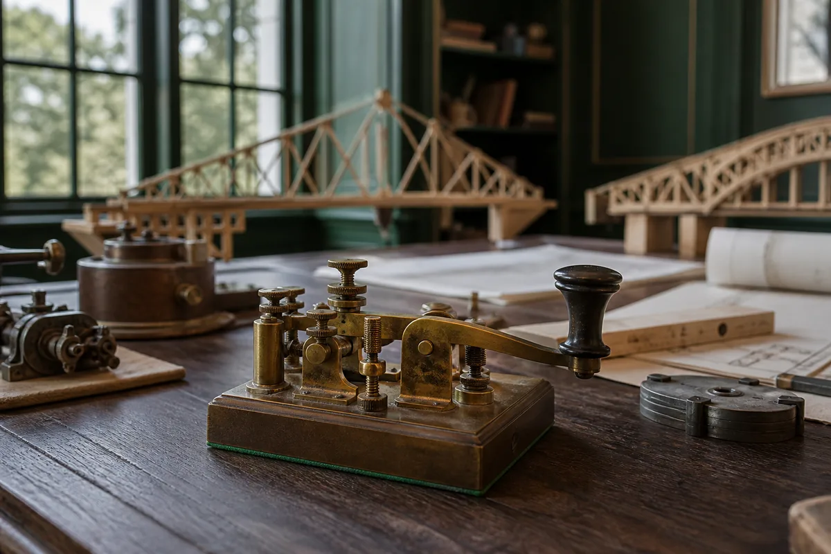 Manipulateur télégraphique en laiton posé sur un bureau de bois sombre